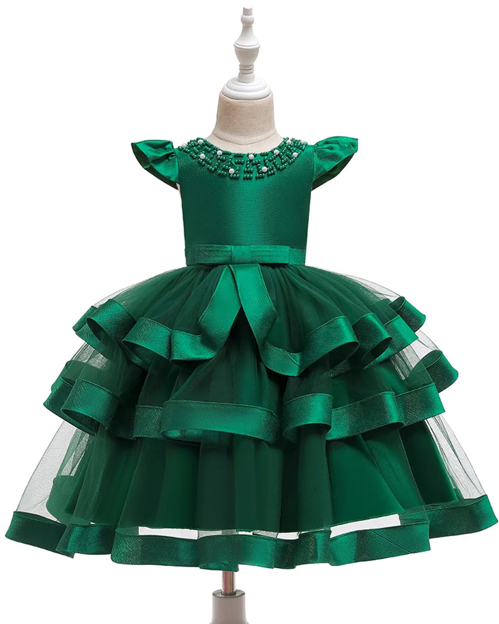 Girls Layered Knee-length Pearl Decor Birthday Party Dress