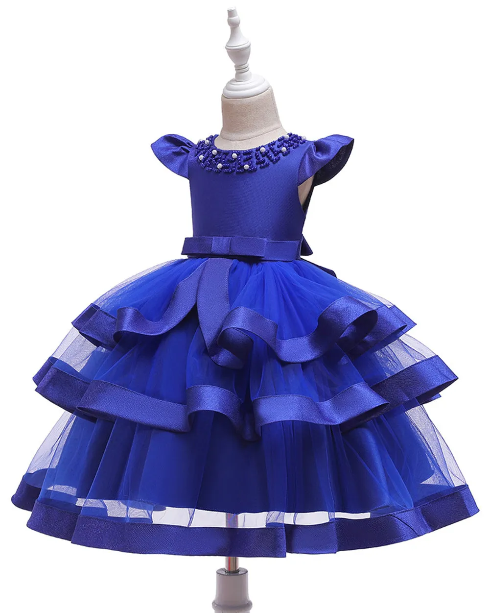 Girls Layered Knee-length Pearl Decor Birthday Party Dress