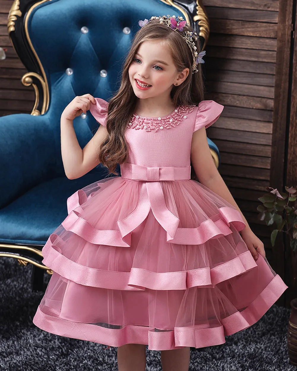 Girls Layered Knee-length Pearl Decor Birthday Party Dress