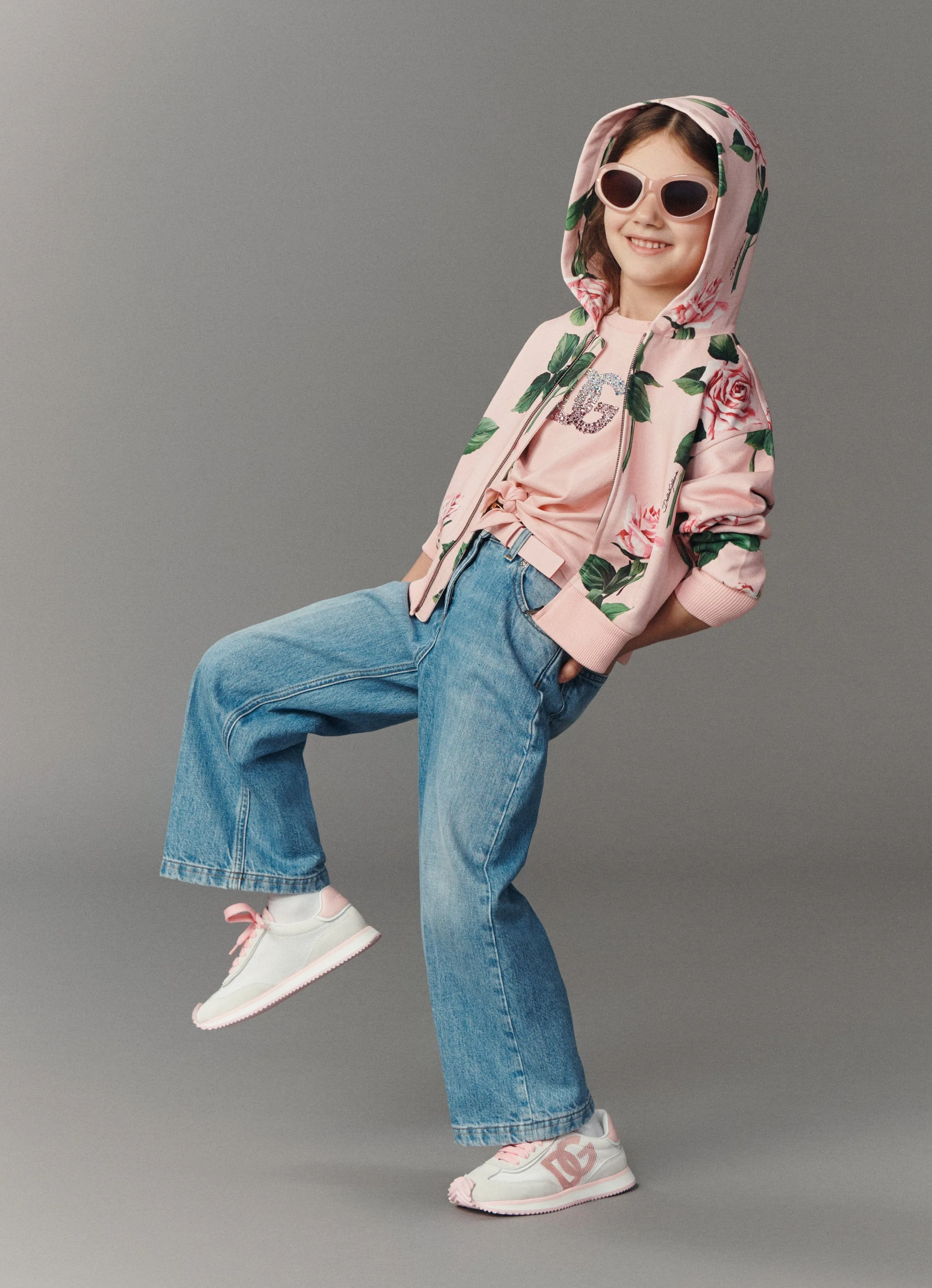 Girls Rose Print Zip Up Top in Pink