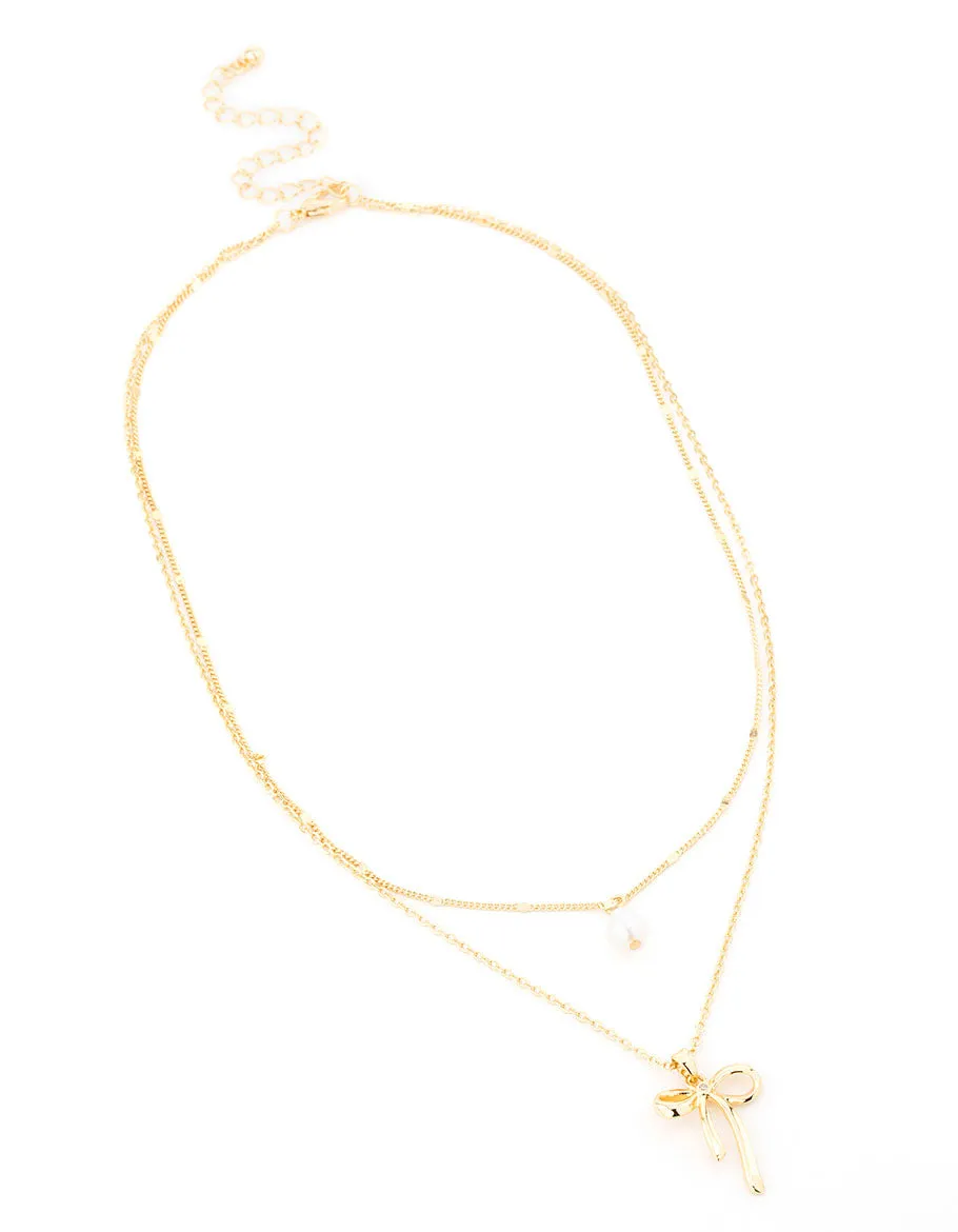 Gold Plated Brass Freshwater Pearl & Bow Layered Necklace