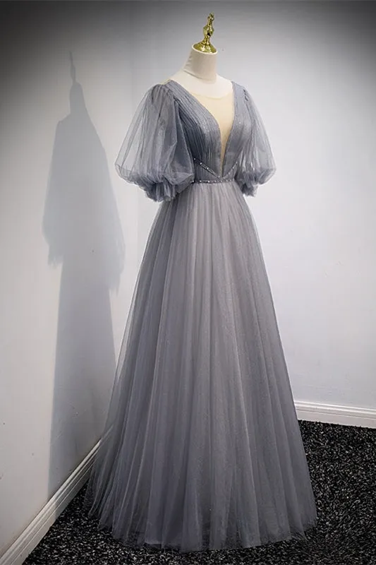 Gorgeous Grey Soft Tulle A-line Formal Dress with Half Sleeves