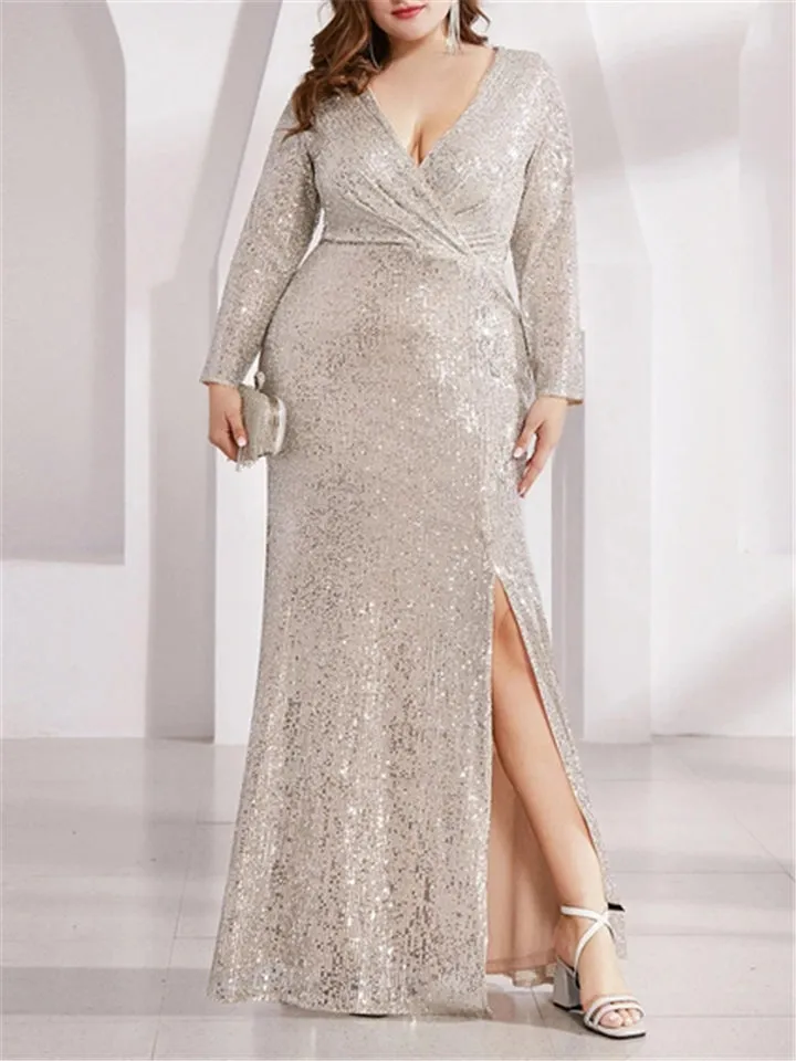 Gorgeous Shiny V-Neck Sequins Long Sleeve Slit Dress