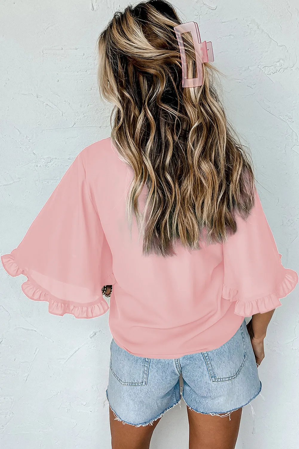 Gossamer Pink Frilly Round Neck Wide Half Sleeve Blouse