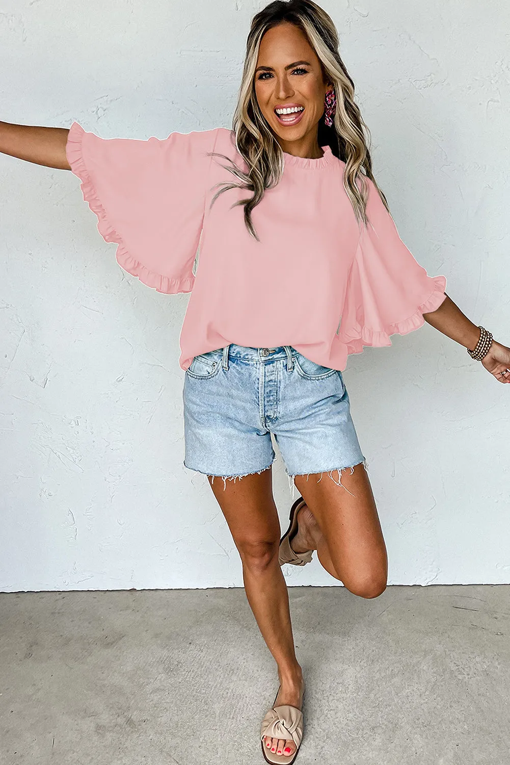 Gossamer Pink Frilly Round Neck Wide Half Sleeve Blouse