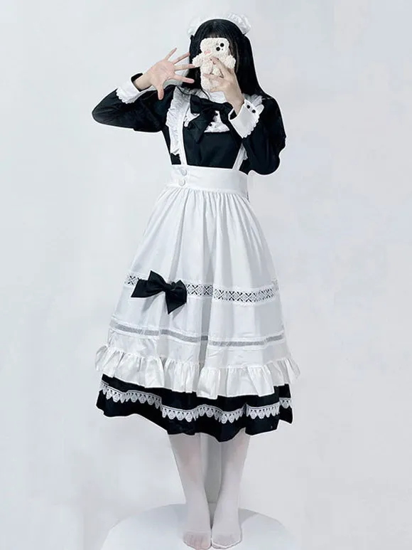 Gothic Maid Lolita Dresses Bows Ruffles Long Sleeves Black Lolita Dress
