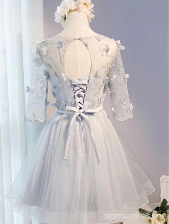 Gray Lace Long Sleeve Open Back Homecoming Prom Dresses, Affordable Short Party Prom Dresses, Perfect Homecoming Dresses, CM283