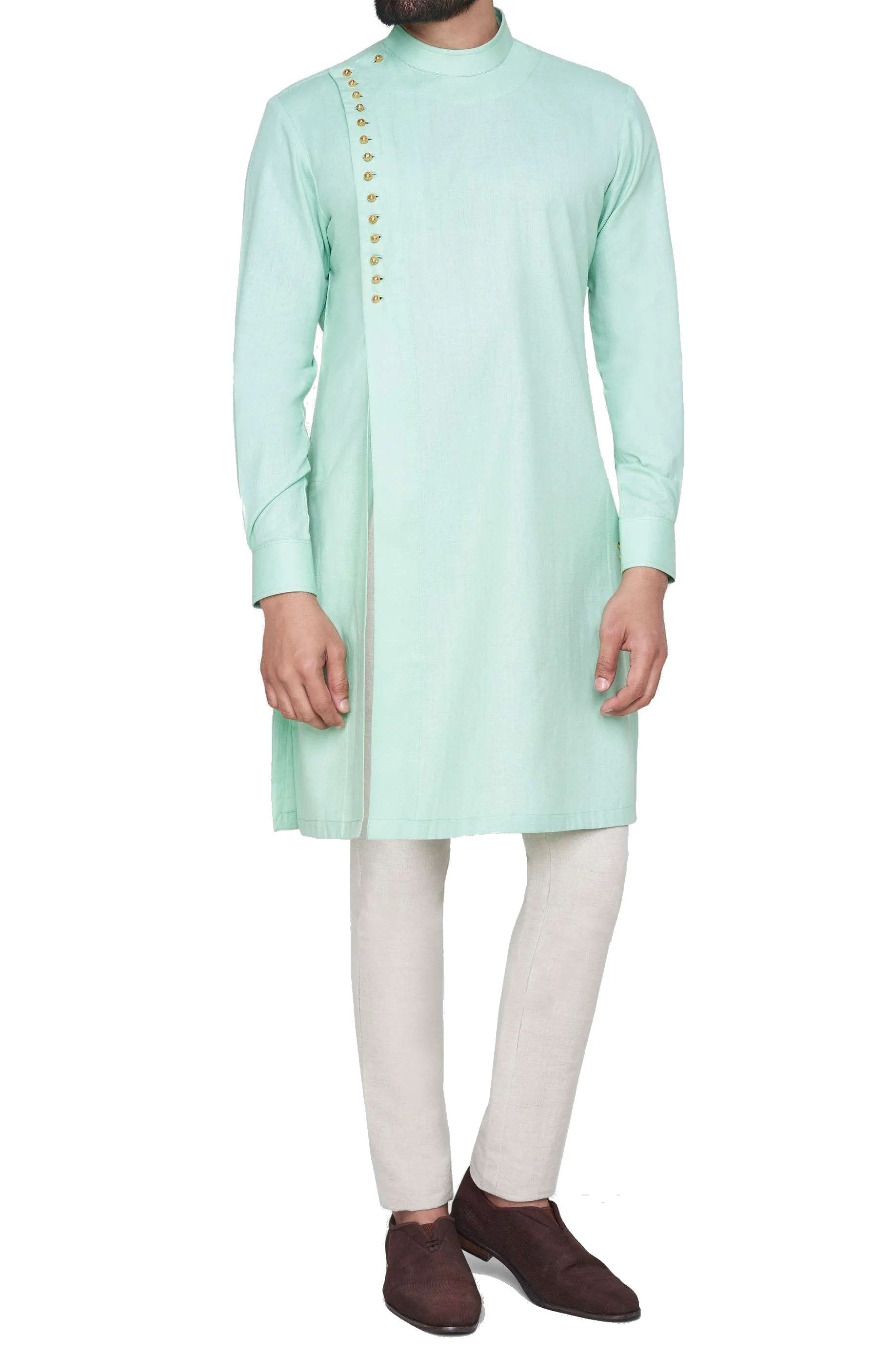 Green Color Silk Kurta Mandarin Collar With Churidar Pajami