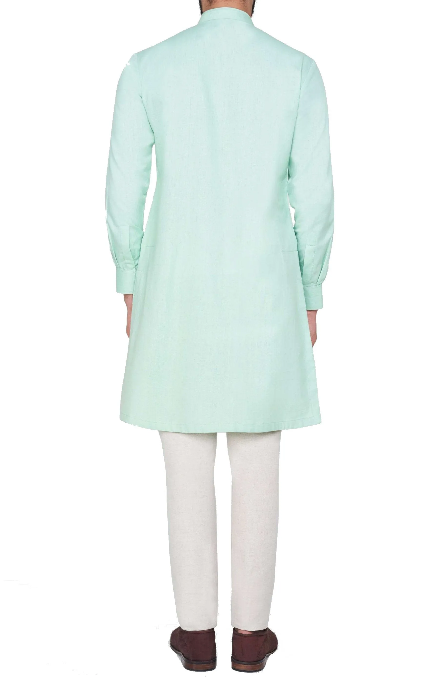 Green Color Silk Kurta Mandarin Collar With Churidar Pajami