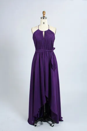 Halter Purple Pleated Long Bridesmaid Dress with Sash