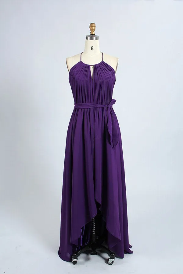 Halter Purple Pleated Long Bridesmaid Dress with Sash