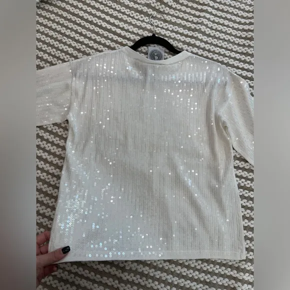 Happy sheep white sequin cotton sweater short sleeve t shirt top. Size small NWT