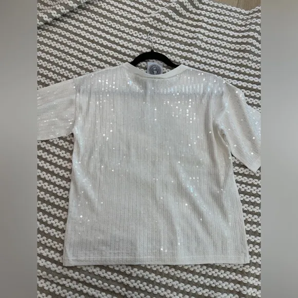 Happy sheep white sequin cotton sweater short sleeve t shirt top. Size small NWT