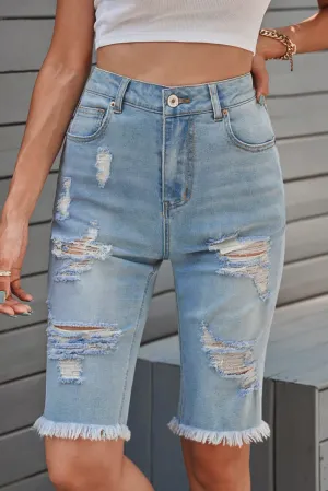 Hazel Blues® |  Distressed Raw Hem Denim Bermuda Shorts