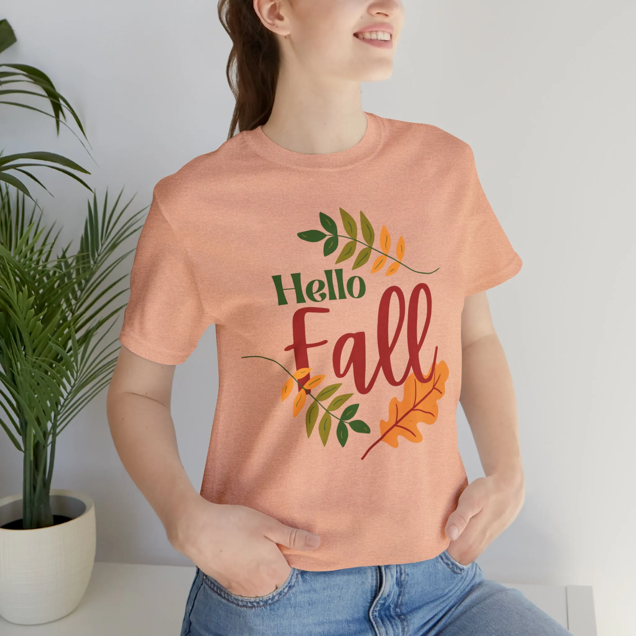 Hello Fall T-Shirt | Fall Leaves Tee |  Bella Canvas 3001 Unisex |  Thanksgiving Season Short Sleeve Tshirt