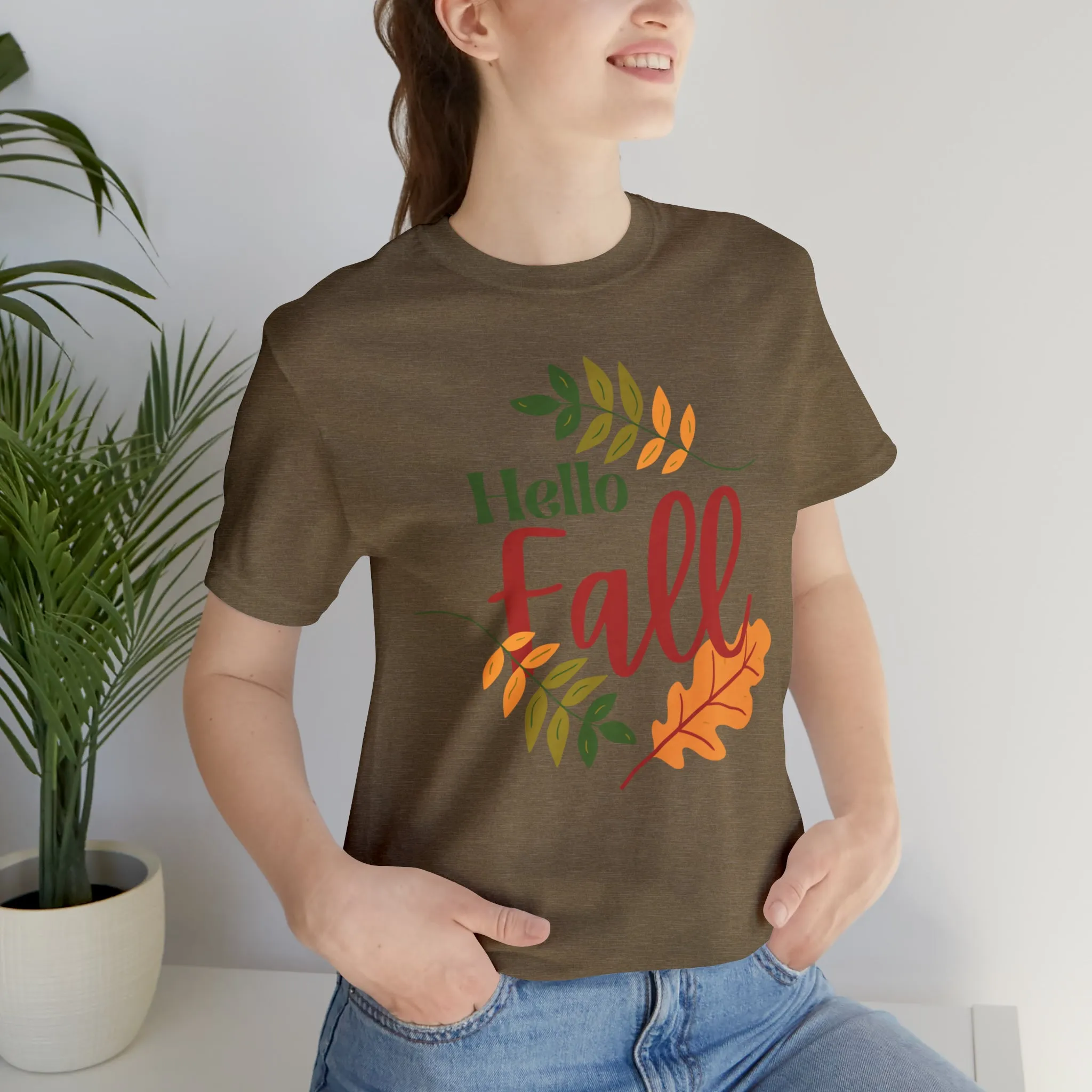 Hello Fall T-Shirt | Fall Leaves Tee |  Bella Canvas 3001 Unisex |  Thanksgiving Season Short Sleeve Tshirt
