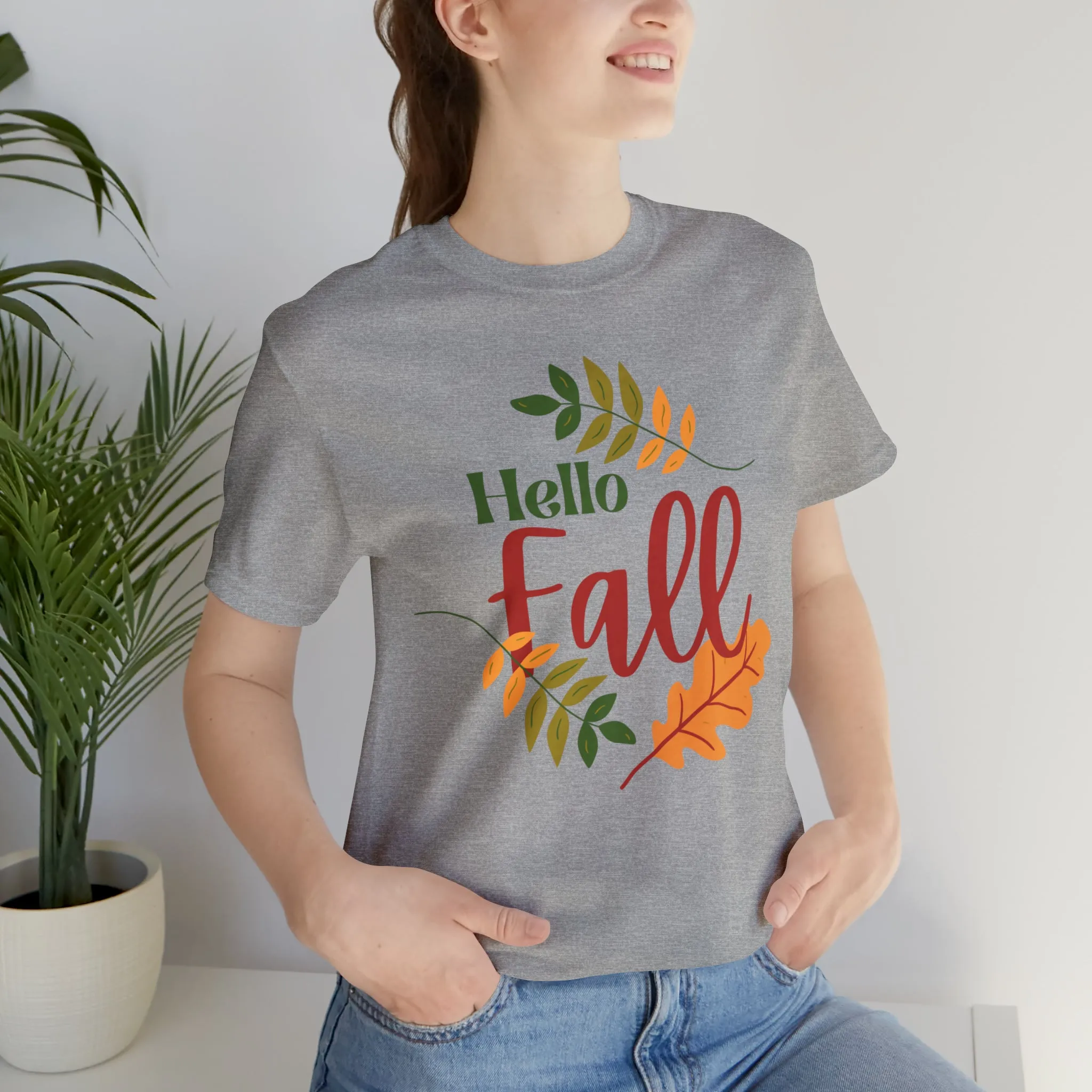 Hello Fall T-Shirt | Fall Leaves Tee |  Bella Canvas 3001 Unisex |  Thanksgiving Season Short Sleeve Tshirt