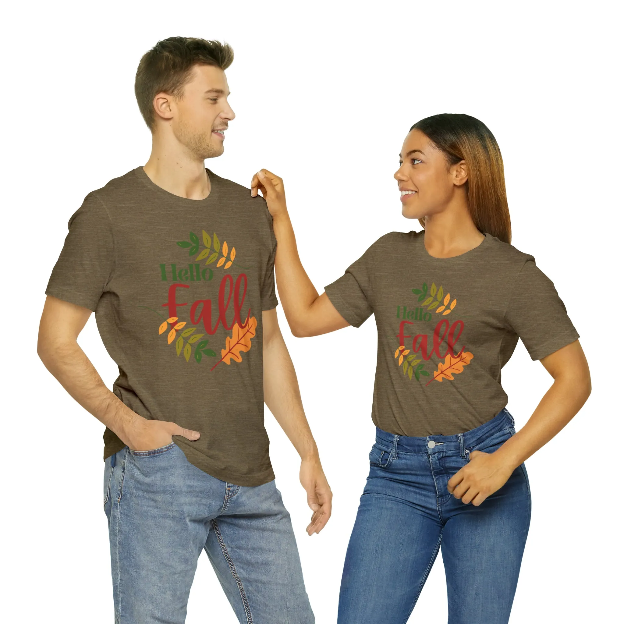 Hello Fall T-Shirt | Fall Leaves Tee |  Bella Canvas 3001 Unisex |  Thanksgiving Season Short Sleeve Tshirt
