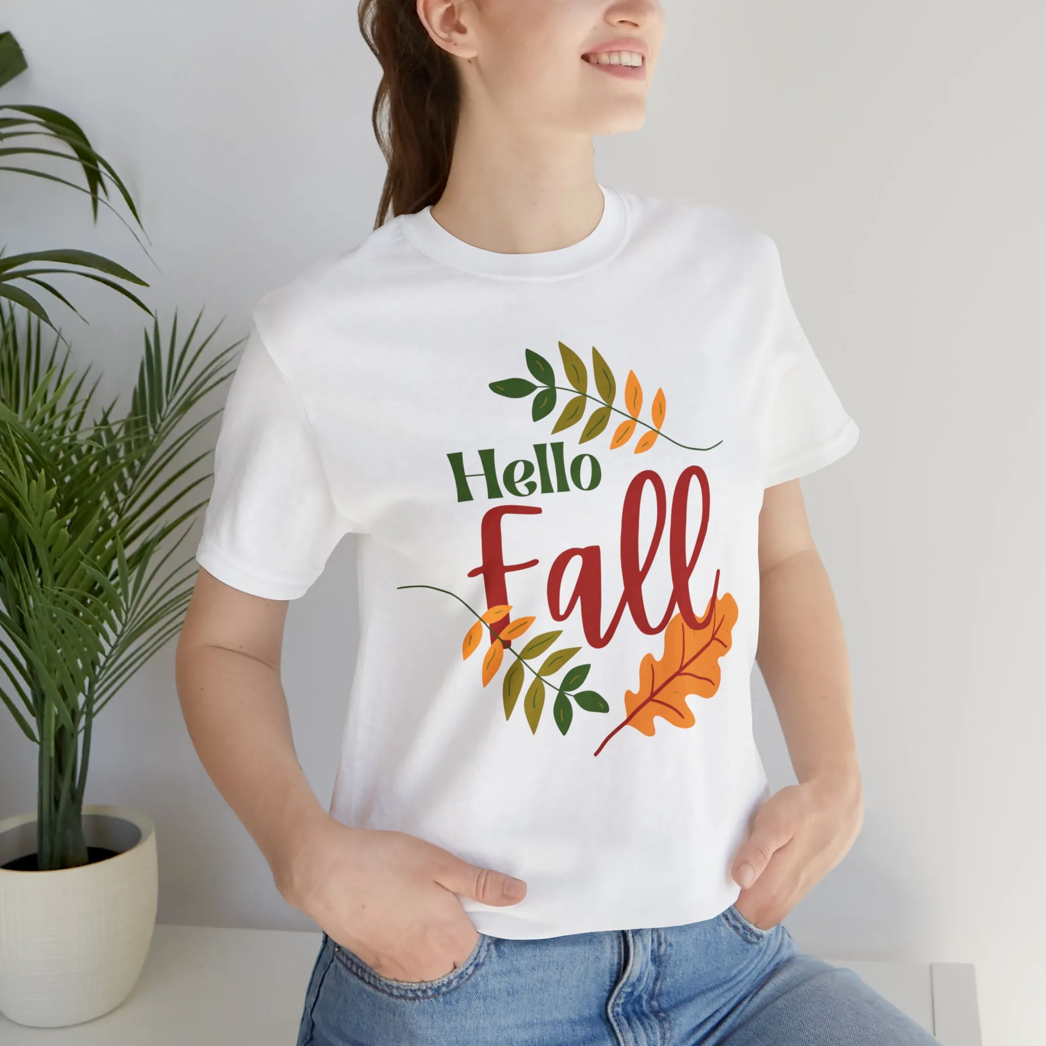 Hello Fall T-Shirt | Fall Leaves Tee |  Bella Canvas 3001 Unisex |  Thanksgiving Season Short Sleeve Tshirt