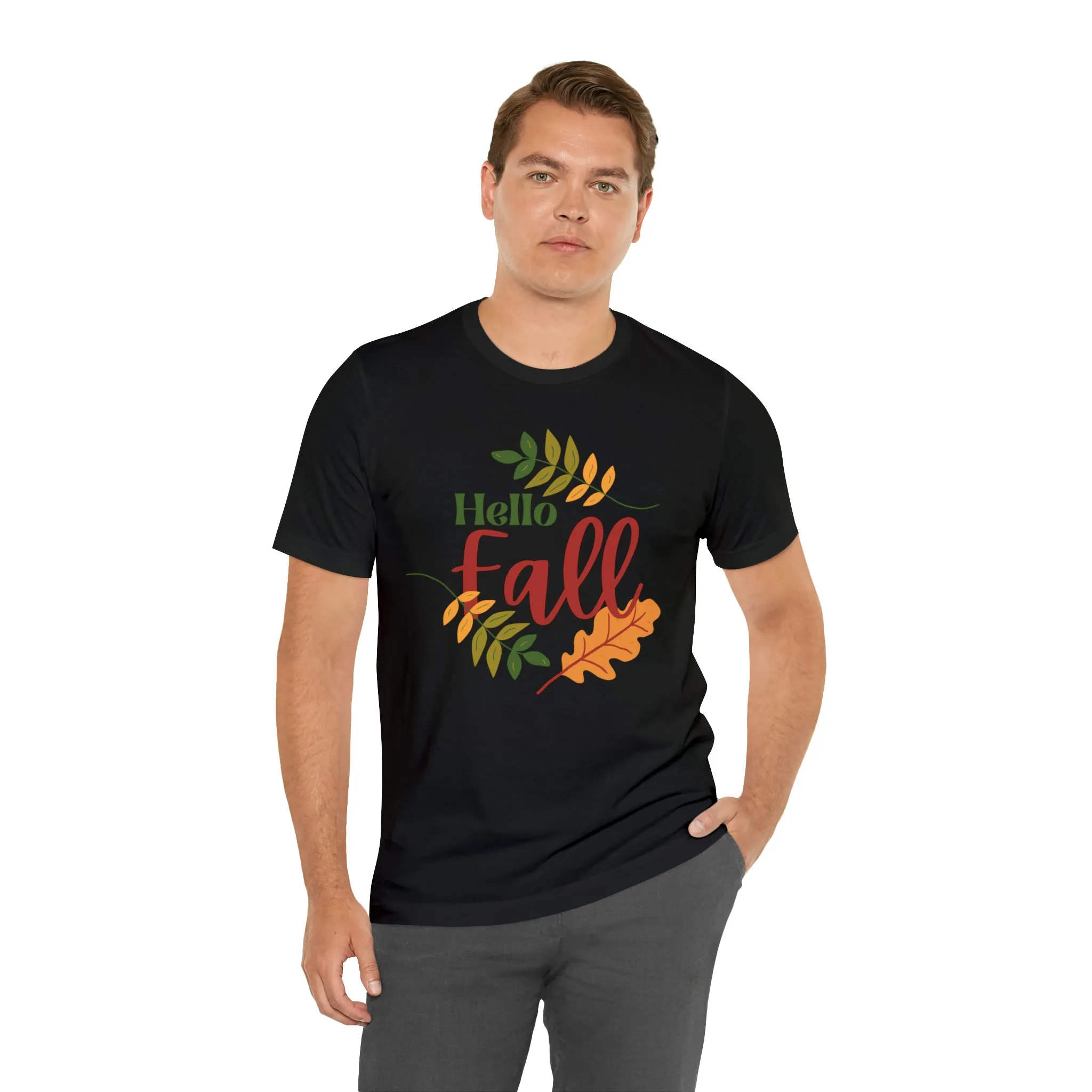 Hello Fall T-Shirt | Fall Leaves Tee |  Bella Canvas 3001 Unisex |  Thanksgiving Season Short Sleeve Tshirt