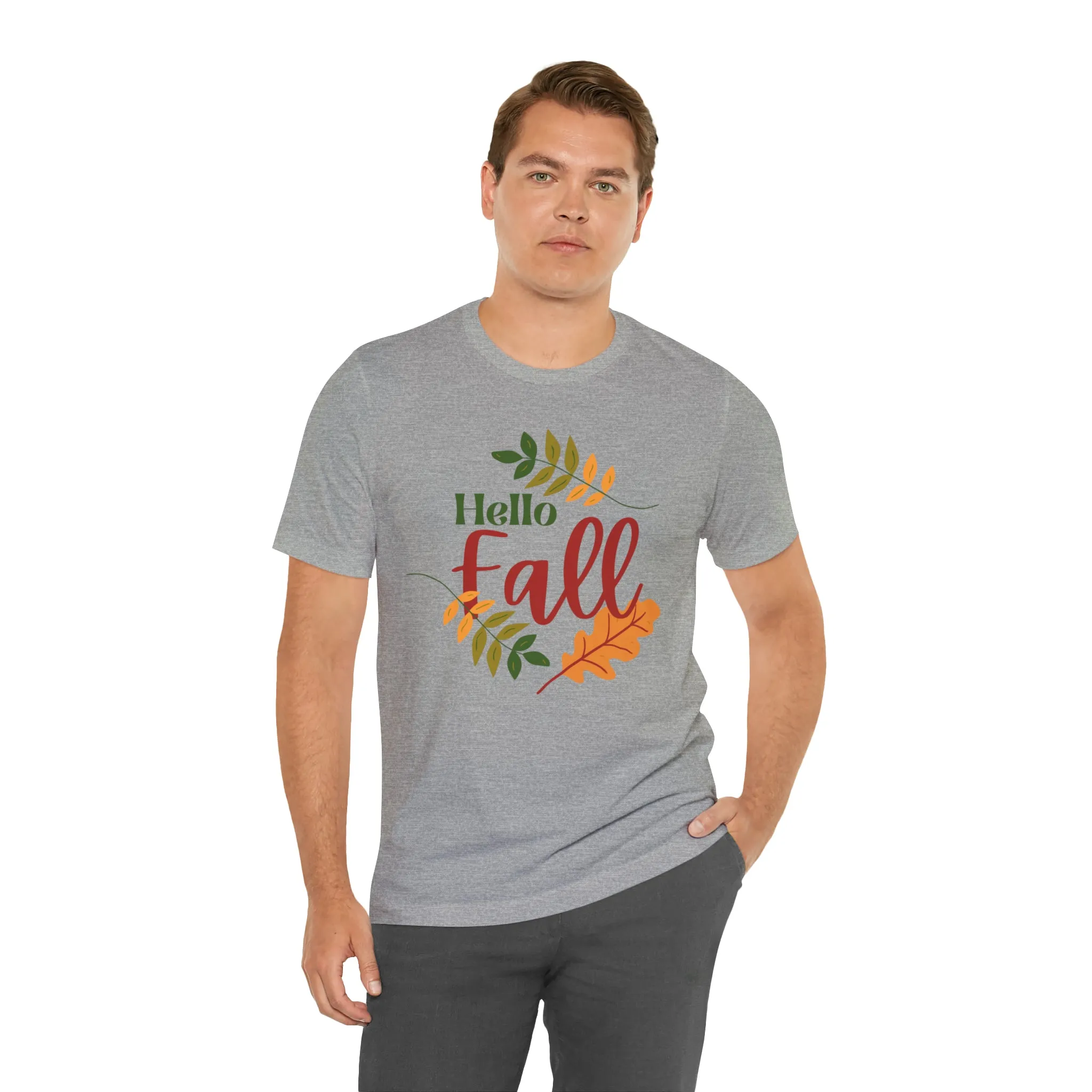 Hello Fall T-Shirt | Fall Leaves Tee |  Bella Canvas 3001 Unisex |  Thanksgiving Season Short Sleeve Tshirt