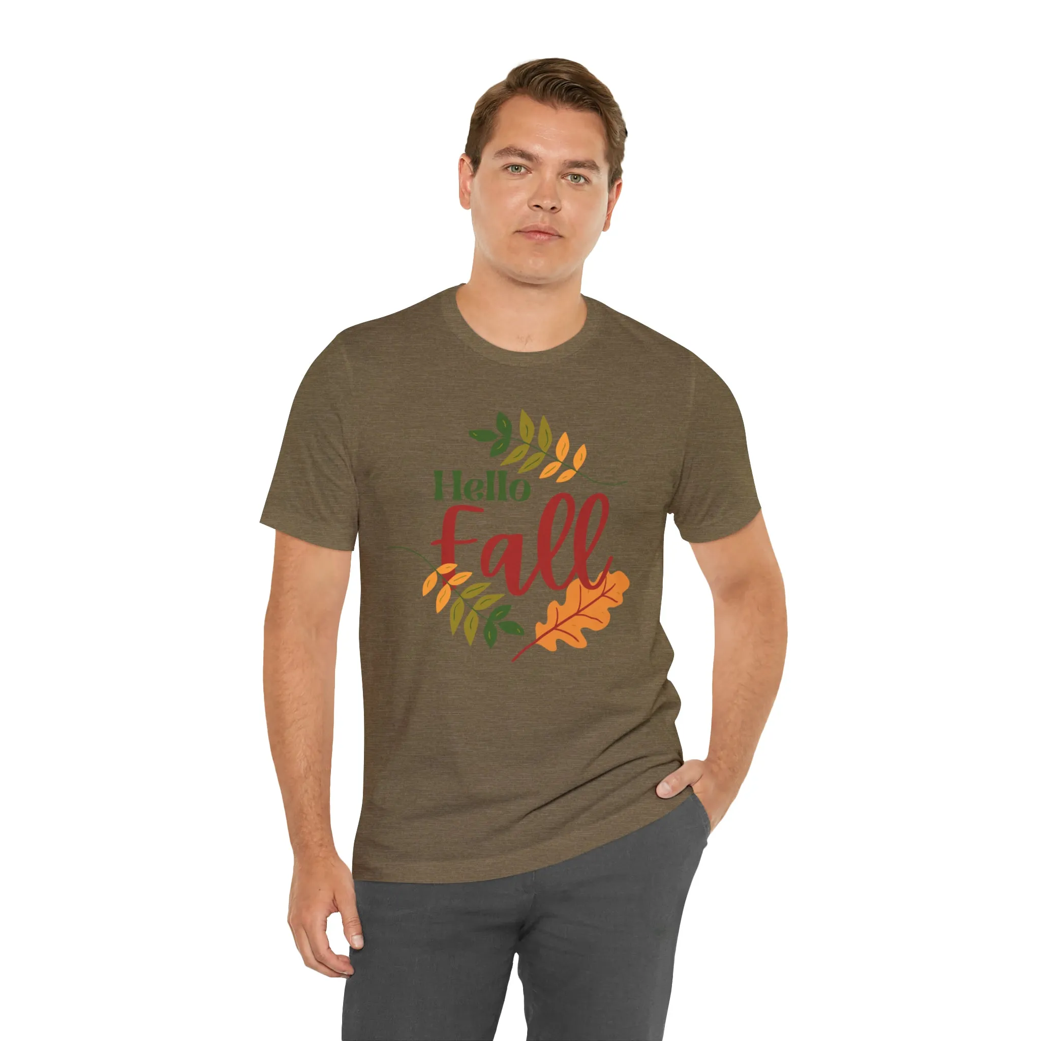 Hello Fall T-Shirt | Fall Leaves Tee |  Bella Canvas 3001 Unisex |  Thanksgiving Season Short Sleeve Tshirt