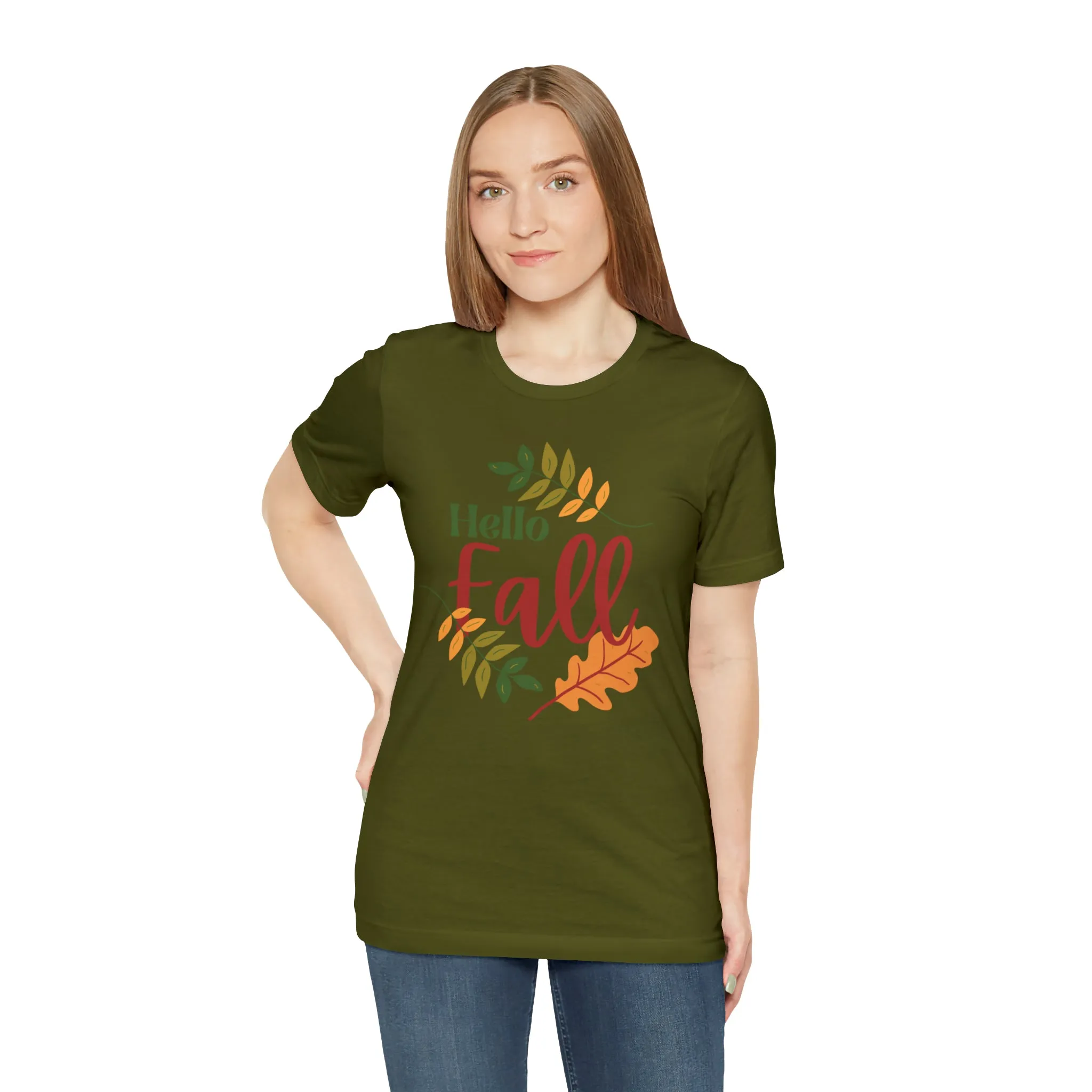 Hello Fall T-Shirt | Fall Leaves Tee |  Bella Canvas 3001 Unisex |  Thanksgiving Season Short Sleeve Tshirt