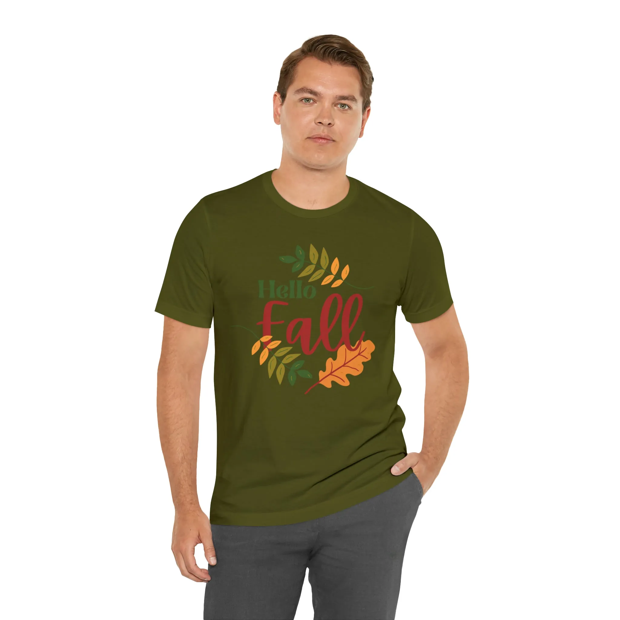 Hello Fall T-Shirt | Fall Leaves Tee |  Bella Canvas 3001 Unisex |  Thanksgiving Season Short Sleeve Tshirt