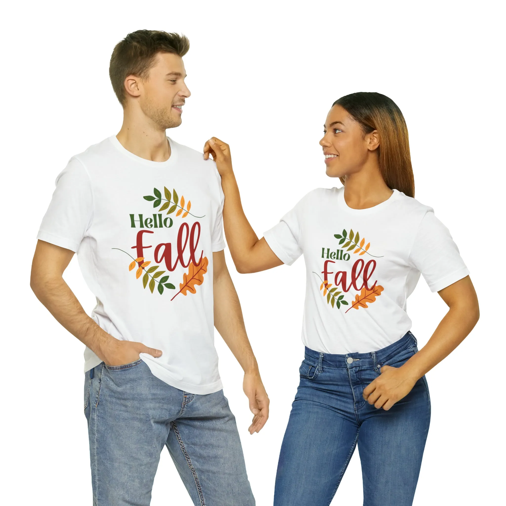 Hello Fall T-Shirt | Fall Leaves Tee |  Bella Canvas 3001 Unisex |  Thanksgiving Season Short Sleeve Tshirt