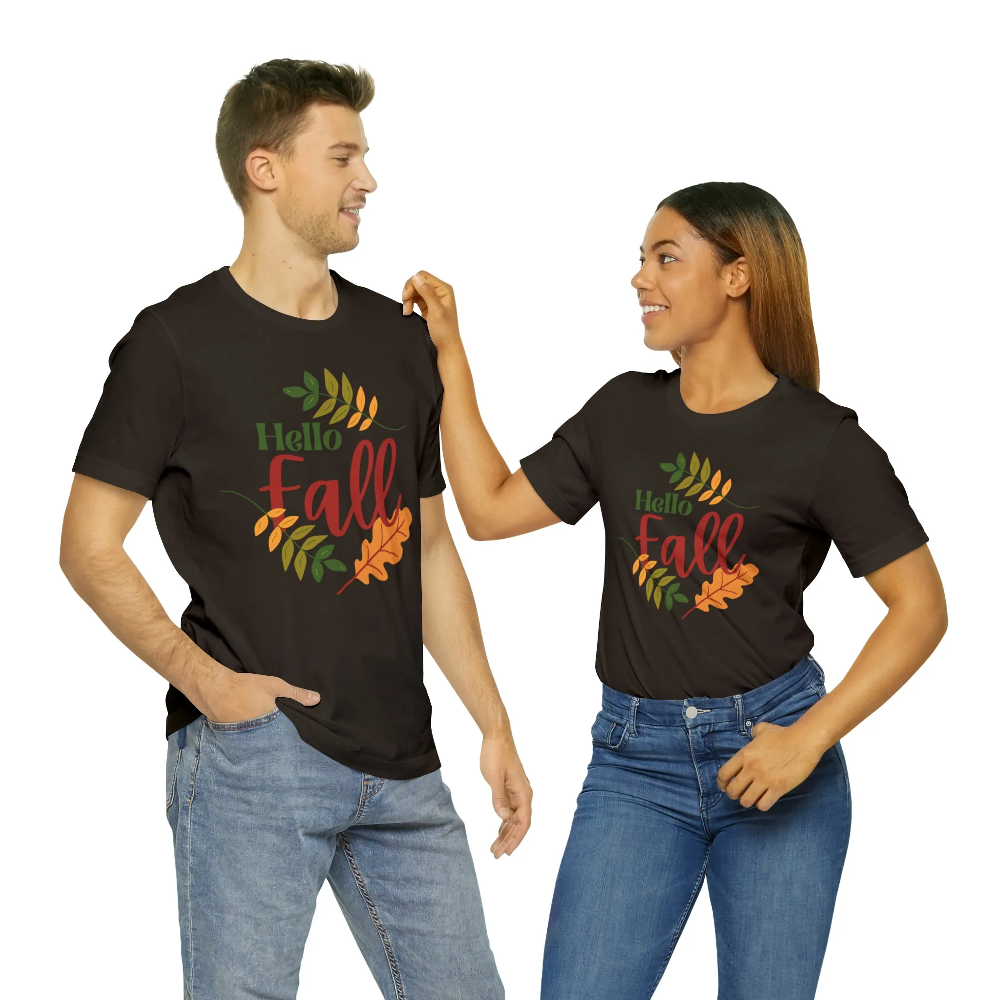 Hello Fall T-Shirt | Fall Leaves Tee |  Bella Canvas 3001 Unisex |  Thanksgiving Season Short Sleeve Tshirt