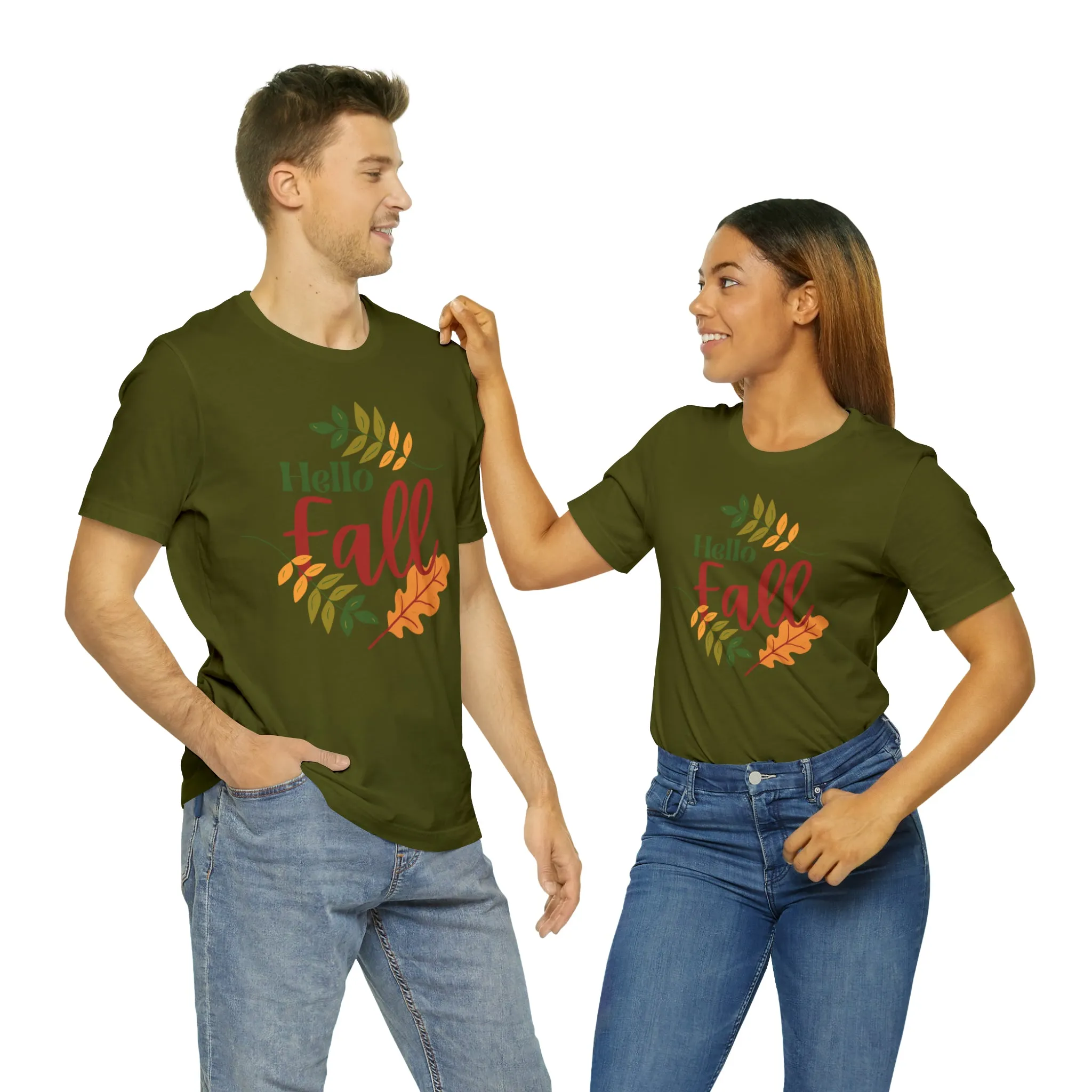 Hello Fall T-Shirt | Fall Leaves Tee |  Bella Canvas 3001 Unisex |  Thanksgiving Season Short Sleeve Tshirt