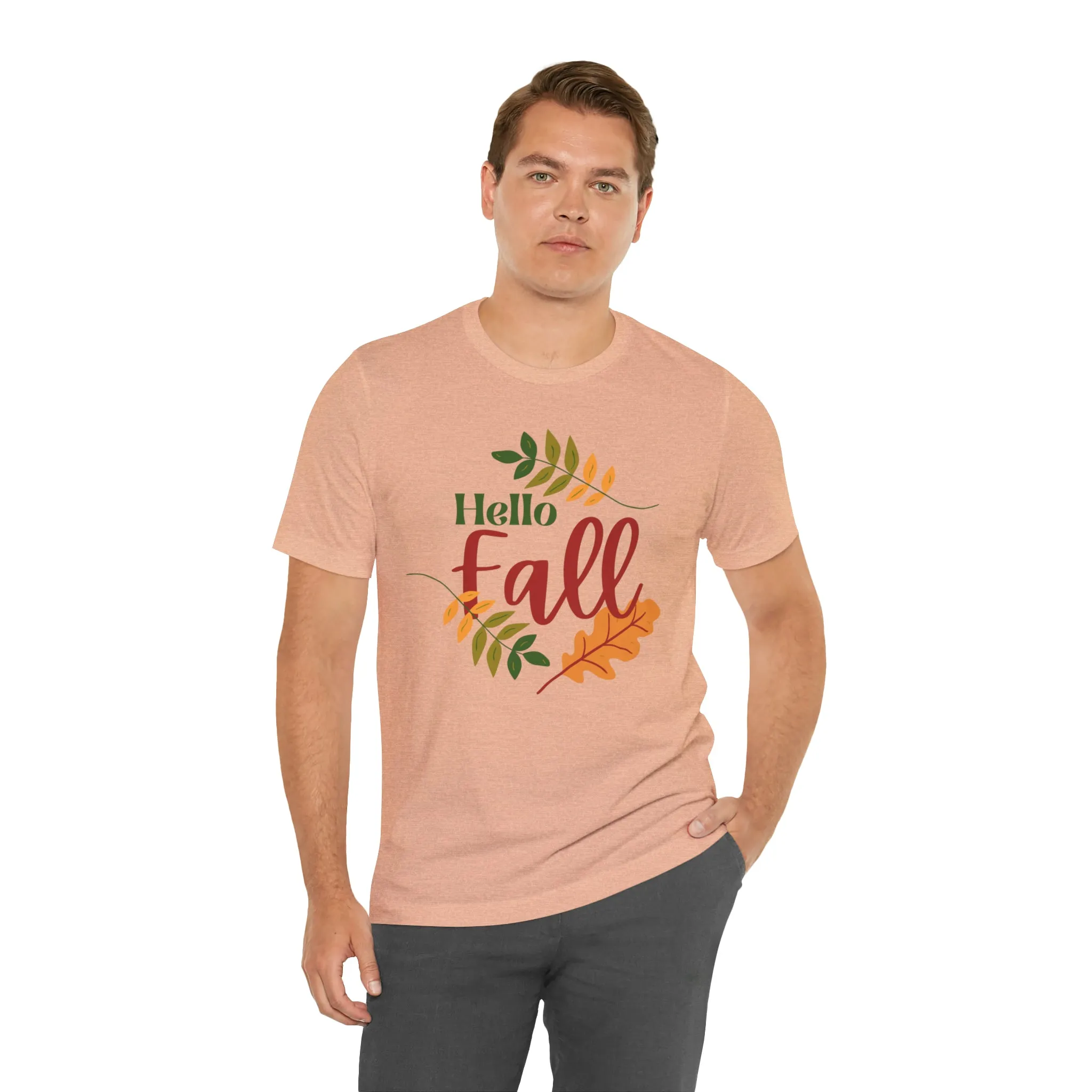 Hello Fall T-Shirt | Fall Leaves Tee |  Bella Canvas 3001 Unisex |  Thanksgiving Season Short Sleeve Tshirt