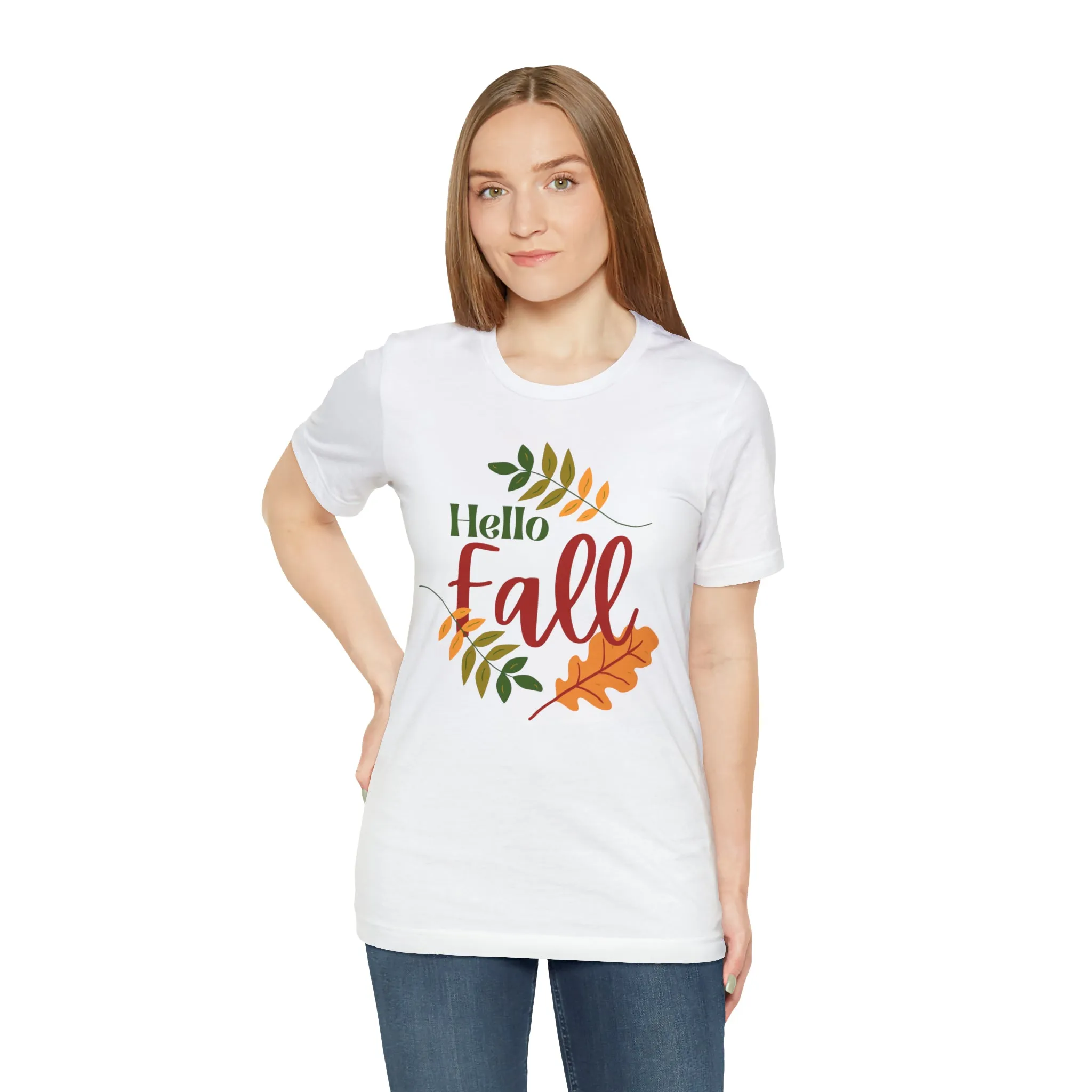 Hello Fall T-Shirt | Fall Leaves Tee |  Bella Canvas 3001 Unisex |  Thanksgiving Season Short Sleeve Tshirt