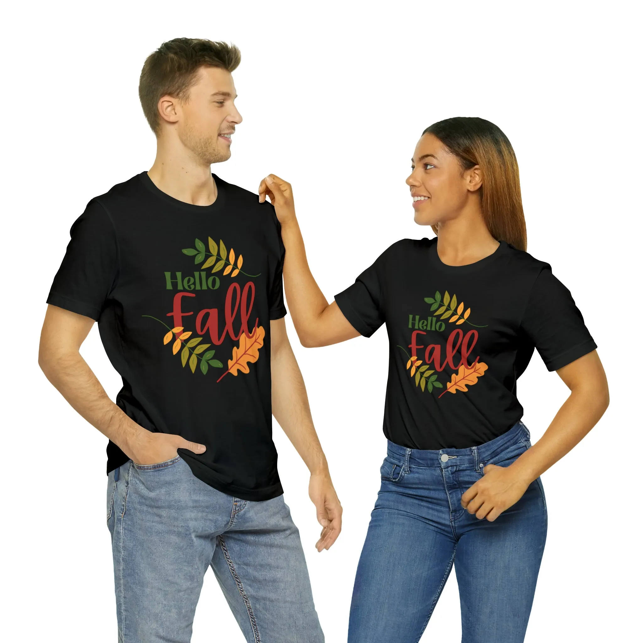 Hello Fall T-Shirt | Fall Leaves Tee |  Bella Canvas 3001 Unisex |  Thanksgiving Season Short Sleeve Tshirt