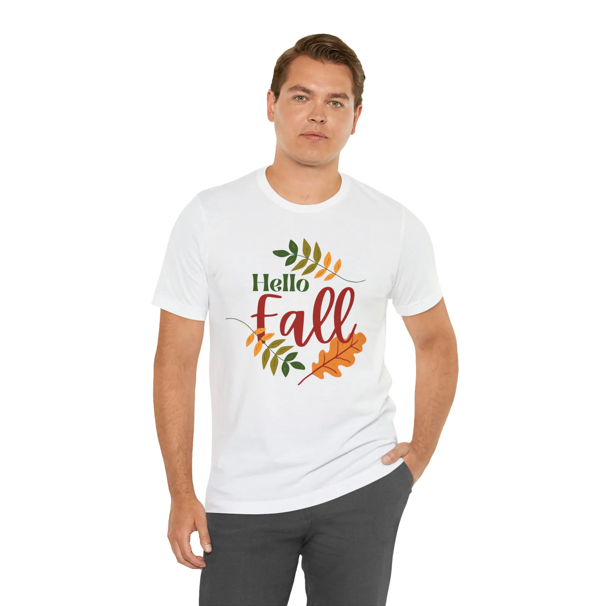 Hello Fall T-Shirt | Fall Leaves Tee |  Bella Canvas 3001 Unisex |  Thanksgiving Season Short Sleeve Tshirt