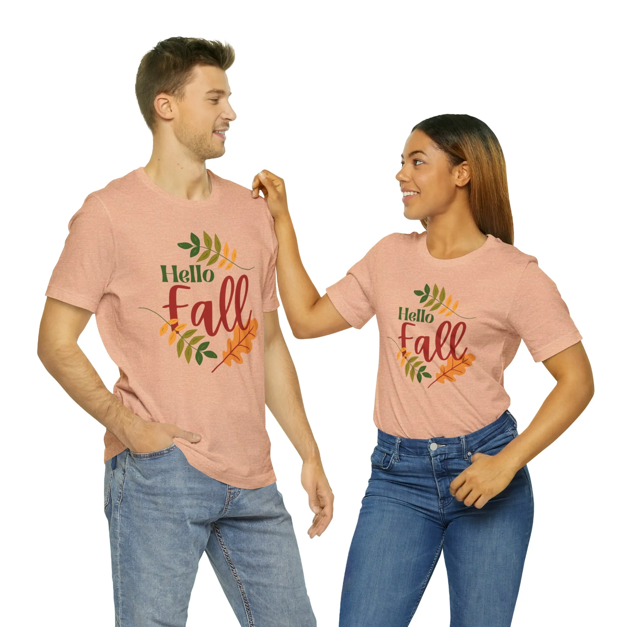 Hello Fall T-Shirt | Fall Leaves Tee |  Bella Canvas 3001 Unisex |  Thanksgiving Season Short Sleeve Tshirt