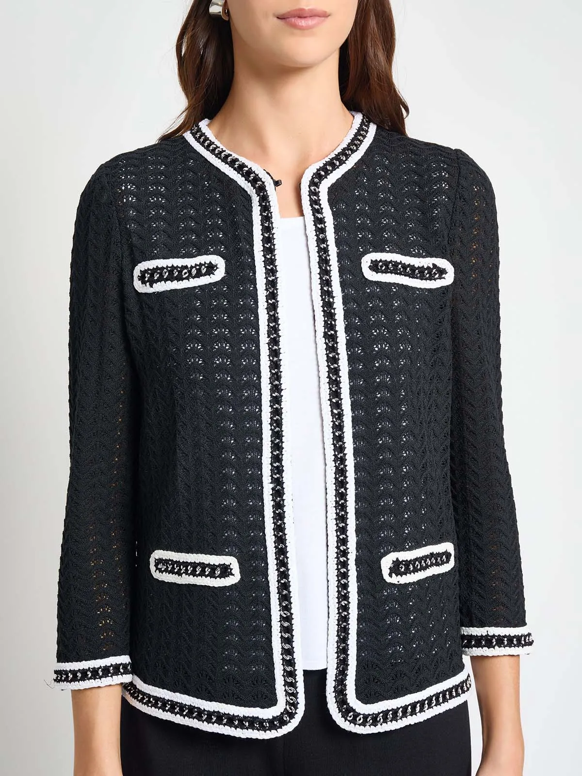 Heritage Chain Trim Pointelle Open Knit Jacket - True Fit
