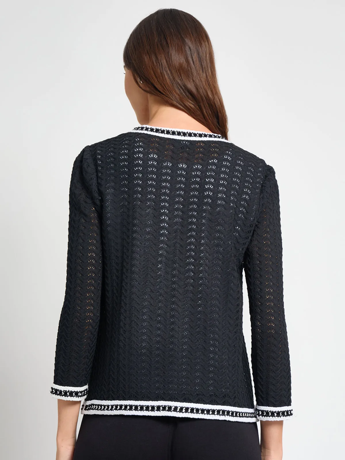 Heritage Chain Trim Pointelle Open Knit Jacket - True Fit