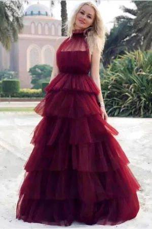 High Neck Burgundy Tulle Evening Gown with Tiered Skirt