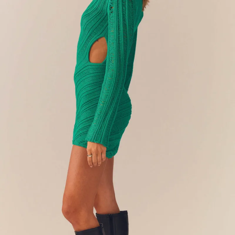 Hollow Out Long Sleeve Knitted Mini Dress