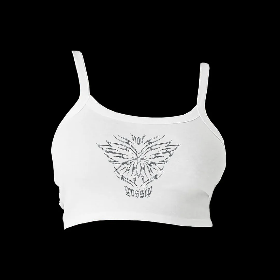 HOT GOSSIP CHROME BUTTERFLY CROP TANK TOP - WHITE