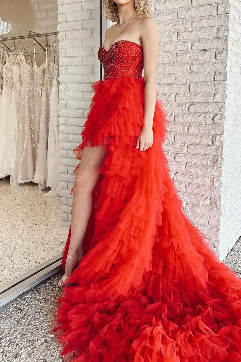 Hot Pink Beaded Sweetheart High Low Layers Formal Gown