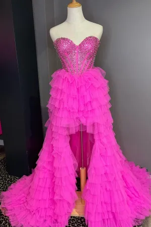 Hot Pink Beaded Sweetheart High Low Layers Formal Gown