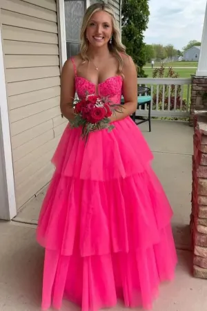 Hot Pink Tulle Layered Spaghetti Straps Long Prom Dresses, Evening Dress, MP982