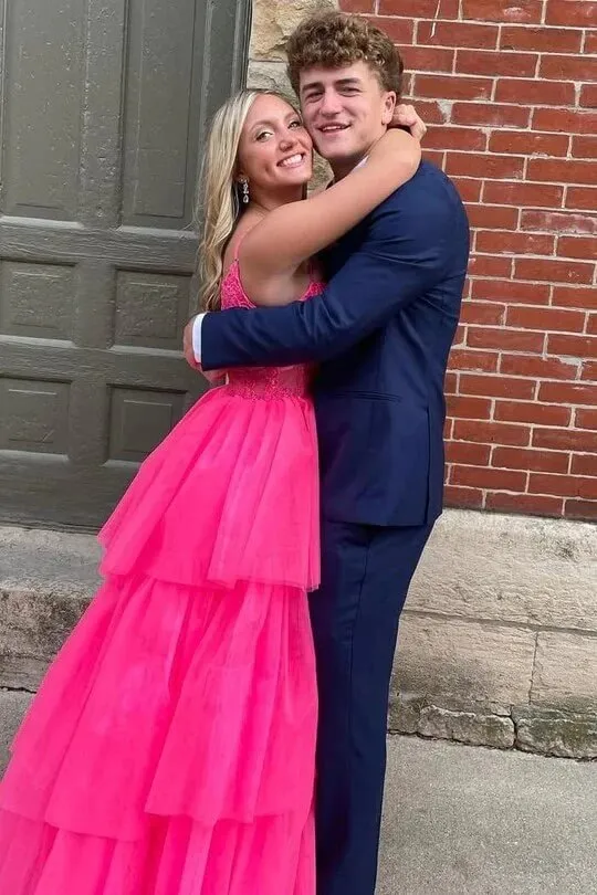 Hot Pink Tulle Layered Spaghetti Straps Long Prom Dresses, Evening Dress, MP982