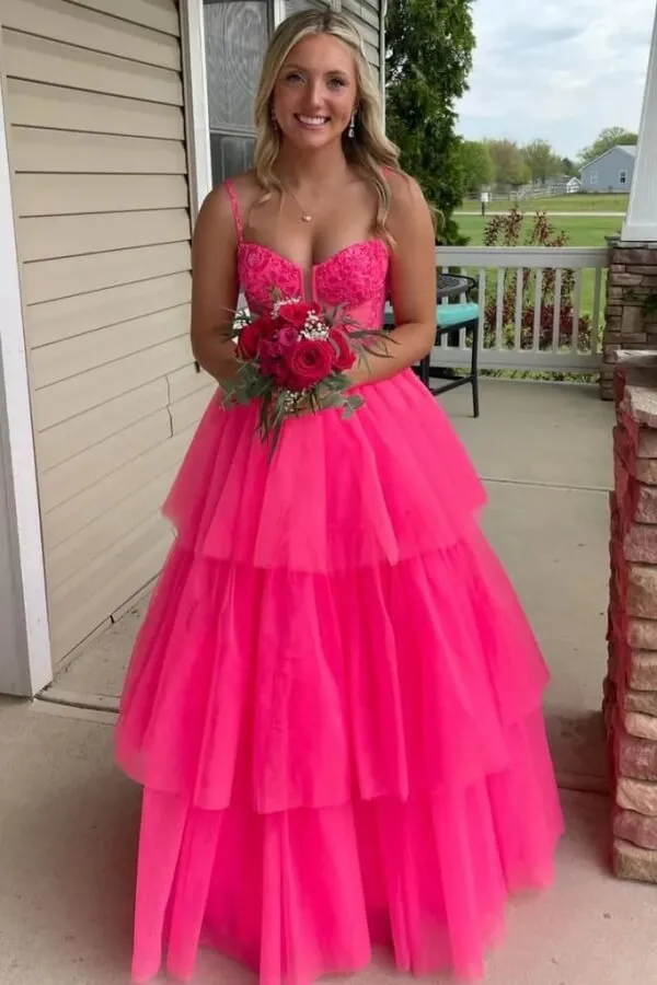 Hot Pink Tulle Layered Spaghetti Straps Long Prom Dresses, Evening Dress, MP982