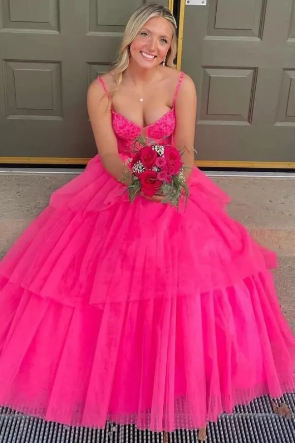 Hot Pink Tulle Layered Spaghetti Straps Long Prom Dresses, Evening Dress, MP982