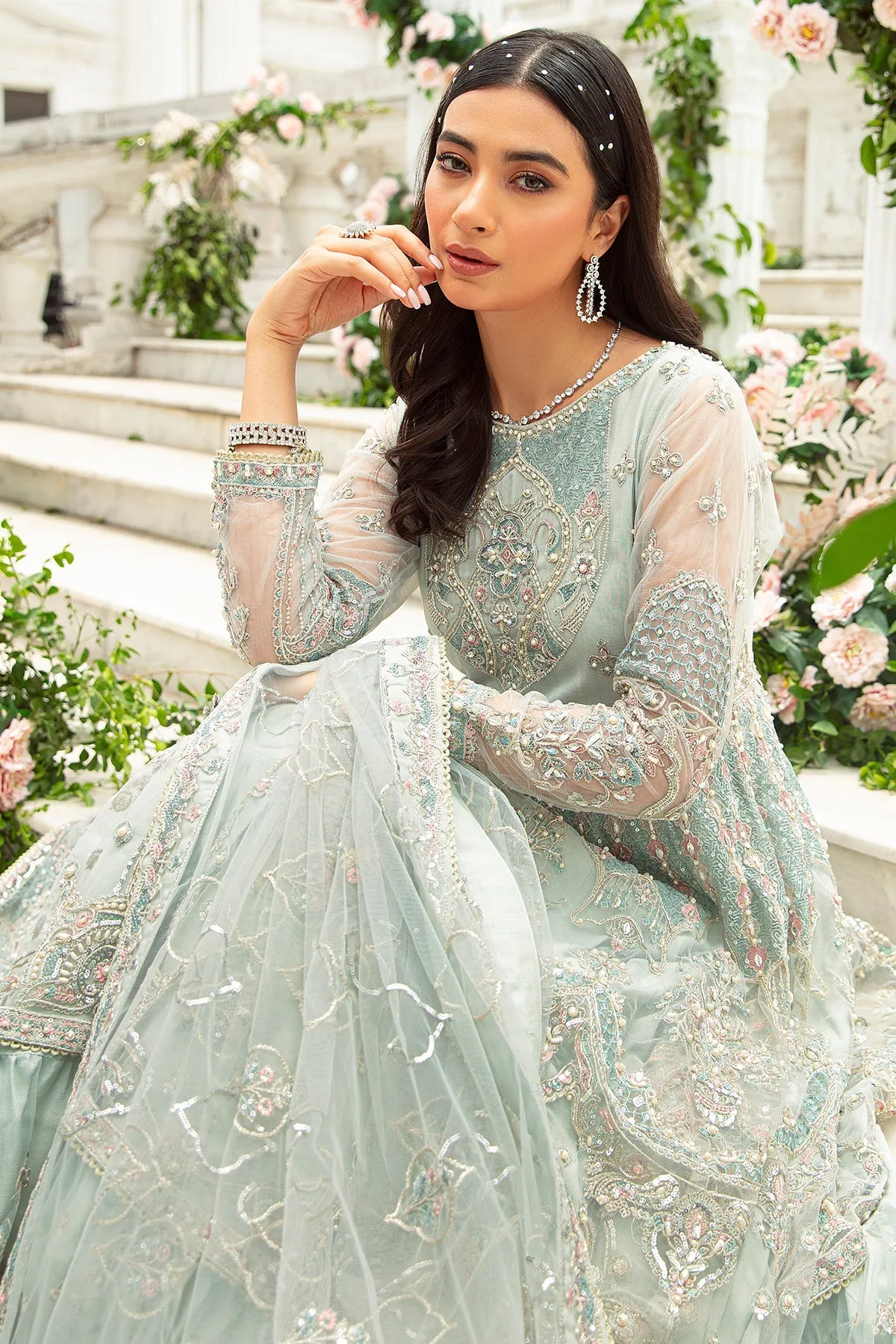 Ice Blue Lehenga Frock Heavily Embellished Pakistani Wedding Dress