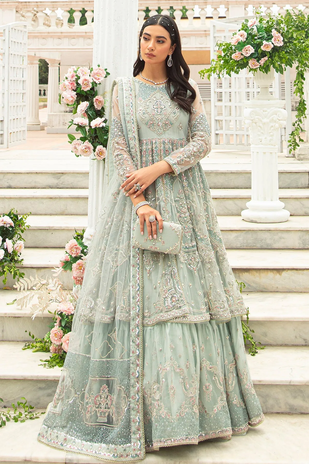 Ice Blue Lehenga Frock Heavily Embellished Pakistani Wedding Dress
