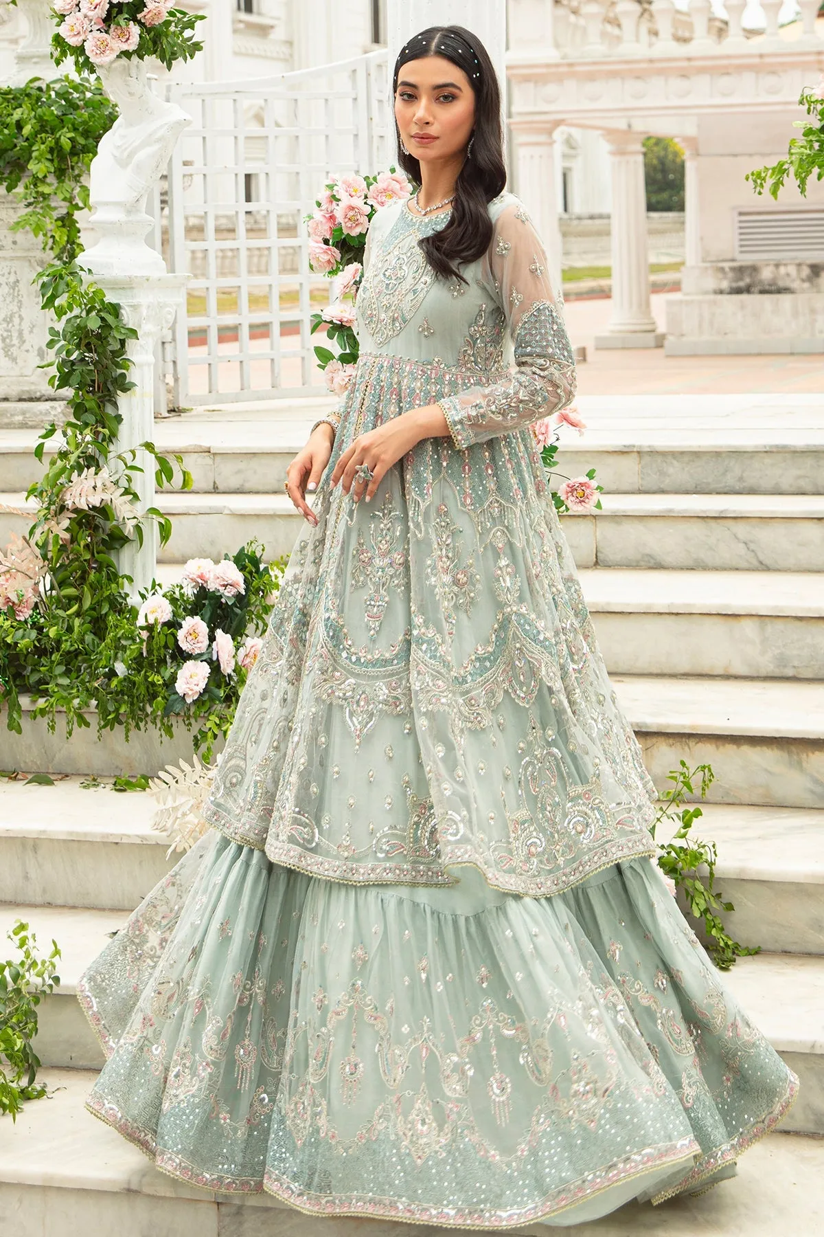 Ice Blue Lehenga Frock Heavily Embellished Pakistani Wedding Dress